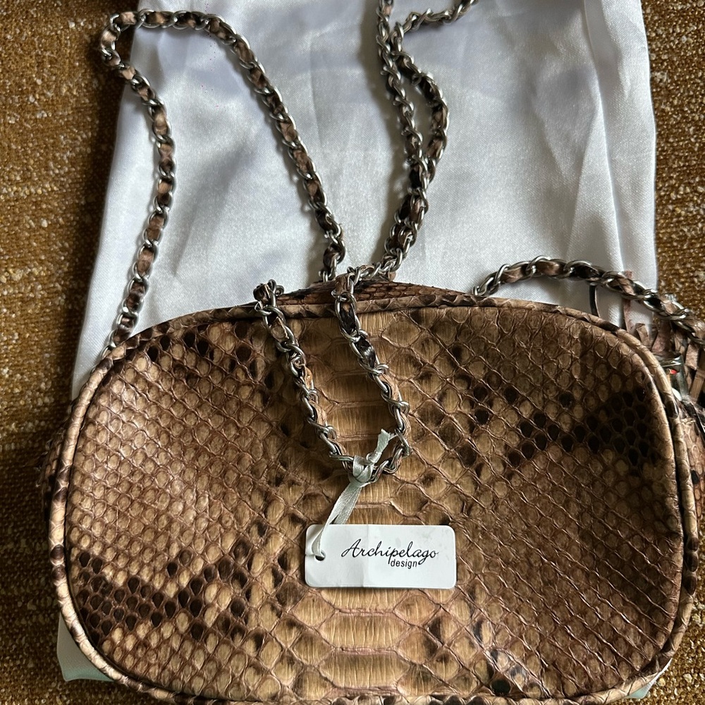 Archipelago Brown Snakeskin Crossbody Bag with Chain Strap